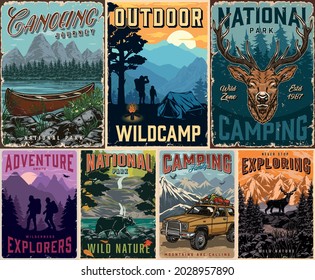 Outdoor summer recreation vintage posters with wooden canoe hikers and campers tent bonfire travel car with camping equipment on roof deer and bear on nature landscapes vector illustration
