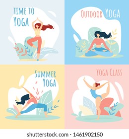 Outdoor Summer Time Yoga Class Sport Activities Banners Set. Women Doing Sports Exercise, Fitness, Workout in Different Poses, Stretching, Healthy Lifestyle, Leisure. Cartoon Flat Vector Illustration