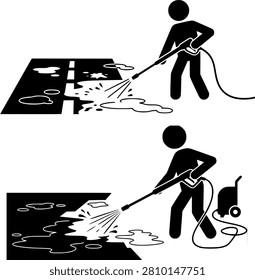Outdoor surface maintenance service icon set showing man cleaning asphalt road highway and pressure washing concrete floor patio driveway silhouette