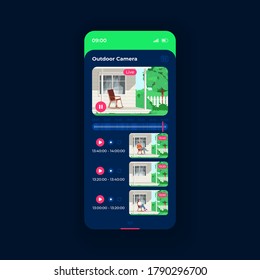 Outdoor surveillance smartphone interface vector template. CCTV monitoring. Mobile app page black theme design layout. Flat UI for application. Private home security system screen. Phone display