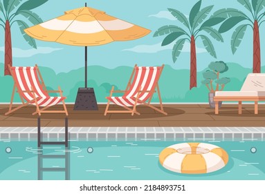 Outdoor swimming pool colored background with chaise lounges under umbrella and palm trees cartoon vector illustration