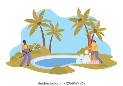 Outdoor swimming pool flat composition with cleaning staff doing cleaning vector illustration