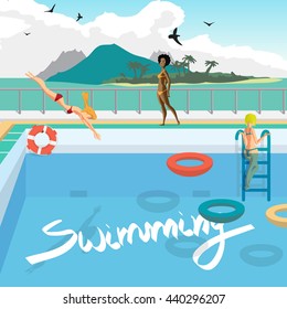 Outdoor swimming pool on the beach in the tropics. Women bathe, sunbathe, dive into the pool. Vector cartoon flat illustration. 
