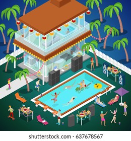 Outdoor Swimming Pool Party. Luxury Tropical Hotel. Isometric vector flat 3d illustration