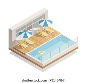 Outdoor swimming pool in recreation facility with parasol umbrellas beach lounge chairs and lifebuoy isometric composition vector illustration 