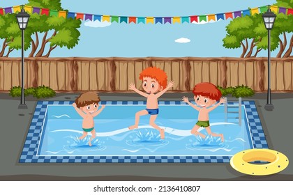 Outdoor swimming pool scene with children illustration