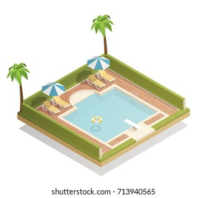 Outdoor swimming pool in tropic resort with palms lounge chairs and diving board isometric composition vector illustration 