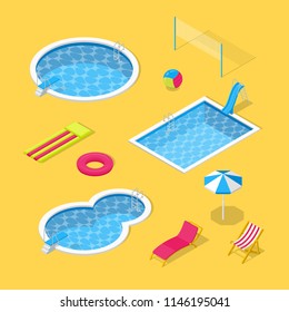 Outdoor swimming pool and water park vector 3d isometric icons and design elements set. Umbrella, water slides, inflatable toys and beach chaise longue flat illustration.