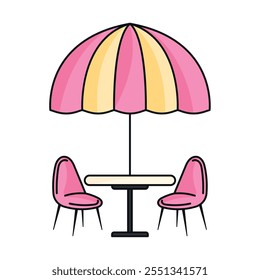 Outdoor table with pink chairs and striped umbrella, Vector