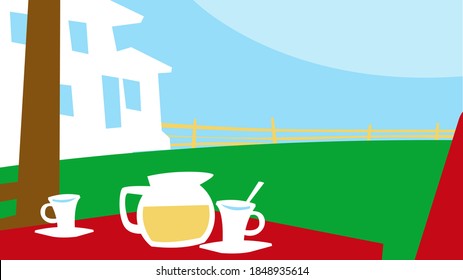 Outdoor tea. Quiet courtyard. Vector image for illustrations.