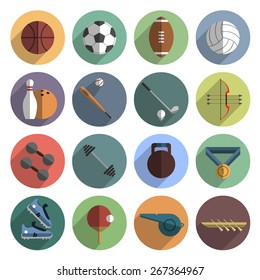 Outdoor team sport symbols and weightlifting icons flat round set with slant shadow abstract vector isolated illustration