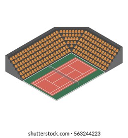 Outdoor tennis court with bleachers for spectators, isolated on white background. Flat 3D isometric style, vector illustration.