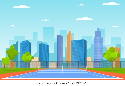 Outdoor Tennis Court Sport Game Recreation Cartoon City Landscape