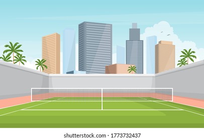 Outdoor Tennis Court Sport Game Recreation Cartoon City Landscape