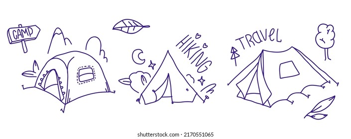 
Outdoor tents hand drawn set. Tenting doodle collection. hiking and camping sketch 