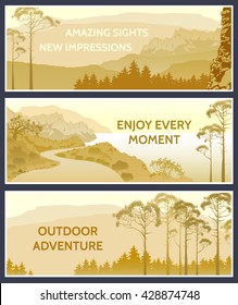 Outdoor thematic banner design with great wild landscapes.Brochure,flyer,booklet,card template for product promotion and advertising.Amazing sights,New impressions,Outdoor adventure,enjoy every moment