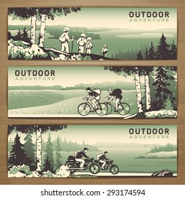 Outdoor thematic vector banner design with traveling people and great wild landscapes graphics.Brochure,flyer,booklet,card template for product promotion and advertising isolated on wood background