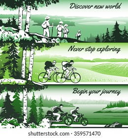 Outdoor thematic vector banner design with traveling people and great wild landscapes graphics. Brochure,flyer,booklet,card template set for product promotion and advertising
