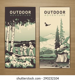 Outdoor Thematic Vector Card Design With Traveling People And Great Wild Landscapes Graphics.Brochure,flyer,booklet,postcard Template For Product Promotion And Advertising Isolated On Wood Background