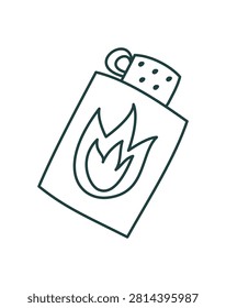 Outdoor theme element in outline style. Simple camp lighter doodle with fire symbol and clean line art. Minimal campfire tool as compact equipment for camp and hiking use, green on white, cute sketch
