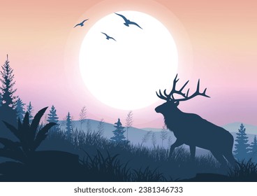 outdoor theme graphics vector art with elk, sun, mountains, birds, pine trees and bushes