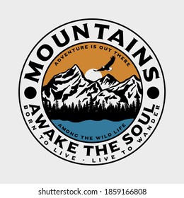 Outdoor Theme Mountain and Lake View Illustration with Wild Life Slogans Vector Artwork on White Background For T-shirt Print And Other Uses