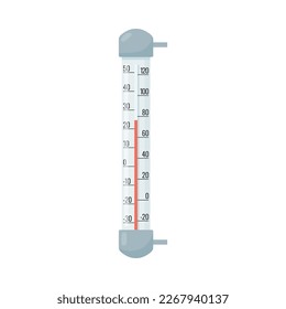 Outdoor thermometer with celsius and fahrenheit scales, flat vector illustration isolated on white background. Concepts of weather and climate. Mercury thermometer shows warm temperature outside.