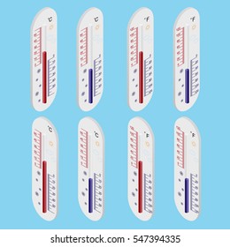 Outdoor thermometer. Isometric view. Celsius and Fahrenheit degree. The temperature meter. The scale degrees. Vector illustration.