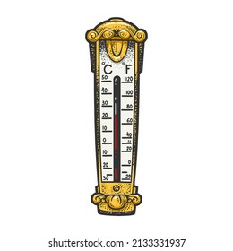 outdoor thermometer shows high temperature global warming color sketch engraving vector illustration. T-shirt apparel print design. Scratch board imitation. Black and white hand drawn image.