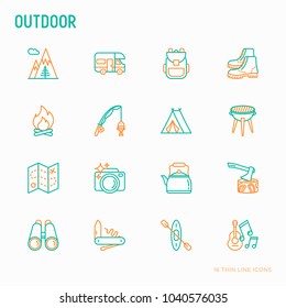 Outdoor thin line icons set: mountains, backpack, uncle boots, kettle, axe, map, swiss knife, canoe, camera, fishing rod, binoculars. Modern vector illustration.