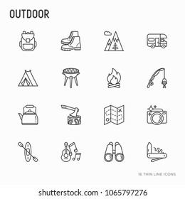 Outdoor thin line icons set: mountains, backpack, uncle boots, kettle, axe, map, swiss knife, canoe, camera, fishing rod, binoculars. Modern vector illustration.