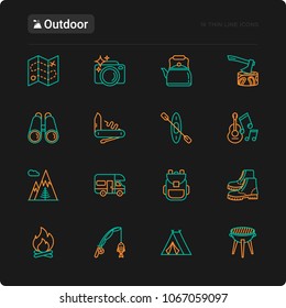 Outdoor thin line icons set: mountains, backpack, uncle boots, kettle, axe, map, swiss knife, canoe, camera, fishing rod, binoculars. Modern vector illustration for black theme.