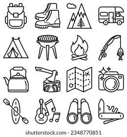 Outdoor thin line icons set: mountains, backpack, uncle boots, kettle, axe, map, swiss knife, canoe, camera, fishing rod, binoculars. Modern vector illustration.
