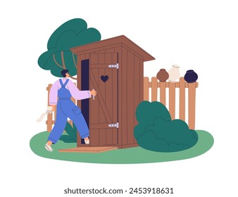 Aseo al aire libre, cabaña de madera rústica. Persona que va a la letrina de la letrina en el campo, la naturaleza. Lavabo de madera, edificio exterior en el campo. Ilustración vectorial plana aislada sobre fondo blanco