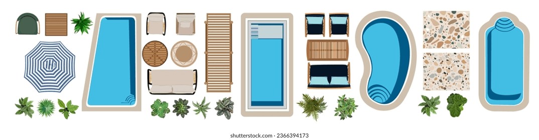 Outdoor top view icons for landscape design plan. Sofas, armchairs, table, plants, sunbed, swimming pools, umbrella, terrazzo floor pattern for garden, back yard, resort. Vector illustration isolated.