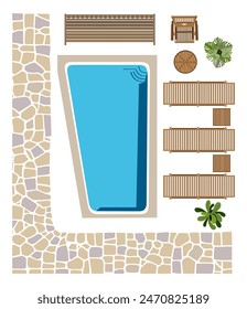 Outdoor-Ansicht-Symbole für Landschaftsdesign-Paket. Bank, Sessel, Tisch, Pflanzen, Sonnenbank, Schwimmbad, Terrazzo-Bodenmuster für Garten, Garten, Garten, Ferienanlage. Vektorillustration isoliert.