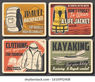 Outdoor tourism, backpacking and hiking sport, mountaineering and river kayaking adventure. Vector retro poster, tourist clothing and hiking equipment shop, water life jacket warning sign