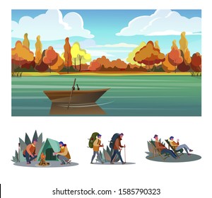 Outdoor tourism flat vector illustration set. Couple of tourist enjoying landscape, camping, hiking. Adventure, travel, lifestyle concept