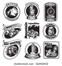 Outdoor tourism logos set with camping accessories and equipment in monochrome style isolated vector illustration