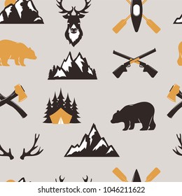 Outdoor tourist travel scout badges template emblem vector illustration collection seamless pattern background bear and deer animals camping badge
