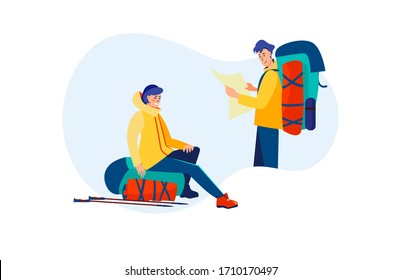 Outdoor tourists studying map. Man and woman with backpacks, trekking, camping flat vector illustration. Adventure travel, activity, lifestyle concept for banner, website design or landing web page