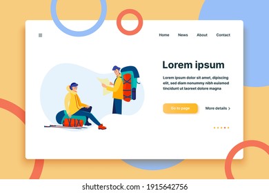 Outdoor tourists studying map. Man and woman with backpacks, trekking, camping flat vector illustration. Adventure travel, activity, lifestyle concept for banner, website design or landing web page