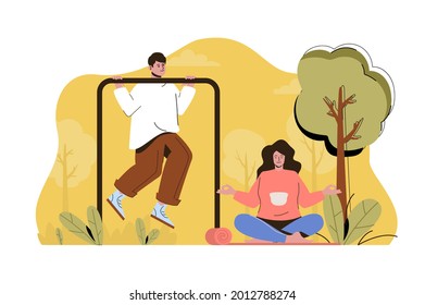 Outdoor Training Konzept. Mann trainiert auf horizontalem Balken, Frau meditiert Situation. Gesunde Lifestyle-Menschen-Szene. Vektorgrafik mit flachem Zeichendesign für Website und mobile Website