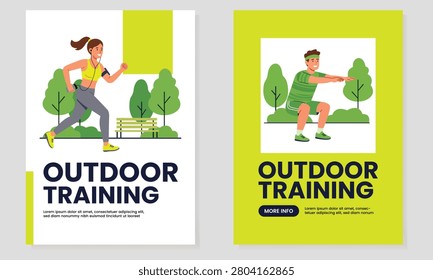 Outdoor Training Poster Template Set Featuring Fitness Exercise Activities In Natural Park Environment Modern Sports Promotion Layout Editable Vector Design For Gym And Wellness Campaign Marketing
