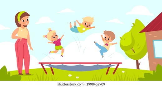 Salto de trampolín al aire libre. Los niños juegan en el patio con aparatos de gimnasia. Los niños pequeños se rebotan con la supervisión de la madre, juegos de grupo activos. Feliz verano, tiempo libre. Concepto aislado de dibujos animados