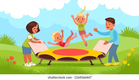 Outdoor trampoline jumping. Happy children and parents on nature. Joint family summer activity. Mom and dad play with kids. Playful son and daughter trampolining
