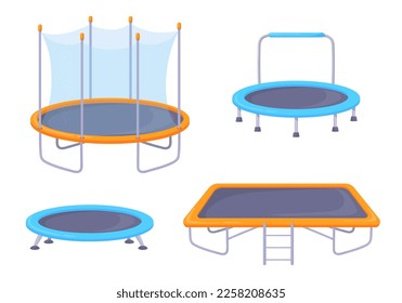 Outdoor trampolines. Rubber trampoline for sport jump gymnastics exercise, gym gymnast equipment, fun kid playgrounds, safe fitness trampolining isolated neat vector illustration of trampoline to game
