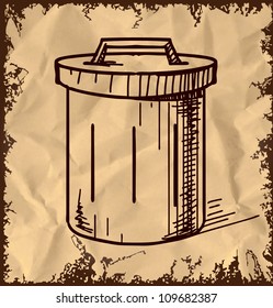 Outdoor trash bin icon isolated on vintage background. Hand drawing sketch vector illustration