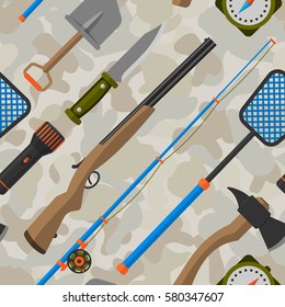 Outdoor travel camping seamless pattern tourism hiking recreation ax and nature vacation forest adventure knife equipment vector illustration.