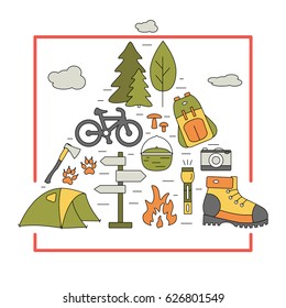 Outdoor travel icons in triangle shape. Hiking and camping thin line elements with open paths. Vector travel concept for flyers, cards, banners, web or illustrations.